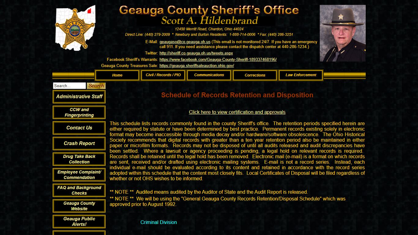 Geauga County Sheriff - Schedule of Records Retention and Disposition